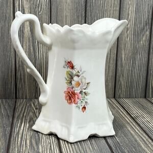 Porcelain Vtg Serving Pitcher Hexagon‎ Ivory Floral Signed 1978 Hand Painted 8"